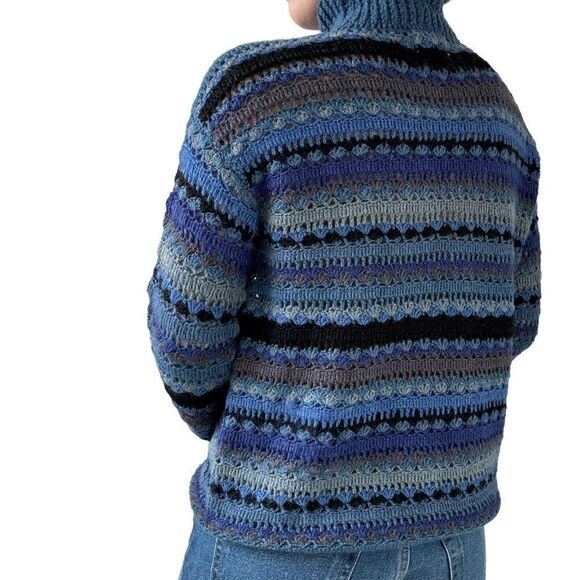 Hand Knit Crochet Blue 100% Llama Hand Made Mock Neck Hippie Sweater Sz M - Picture 8 of 8